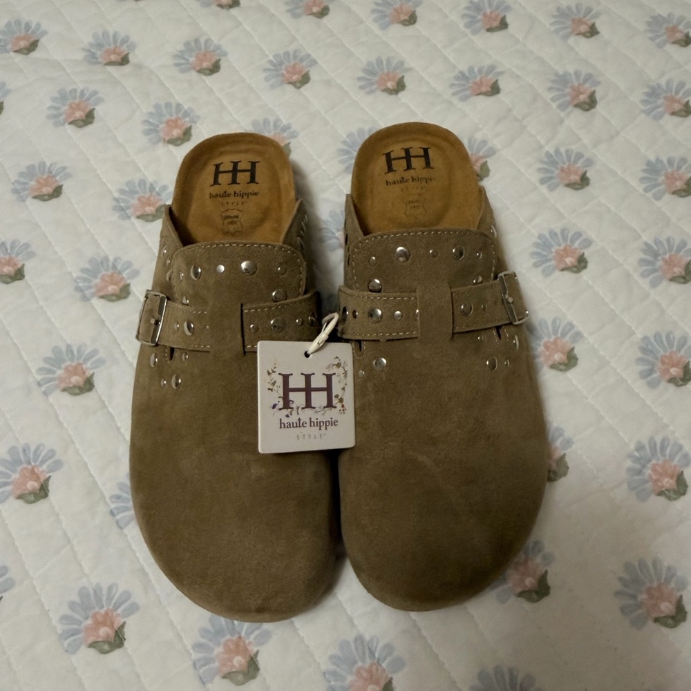 Haute Hippie Taupe Suede Studded Mules